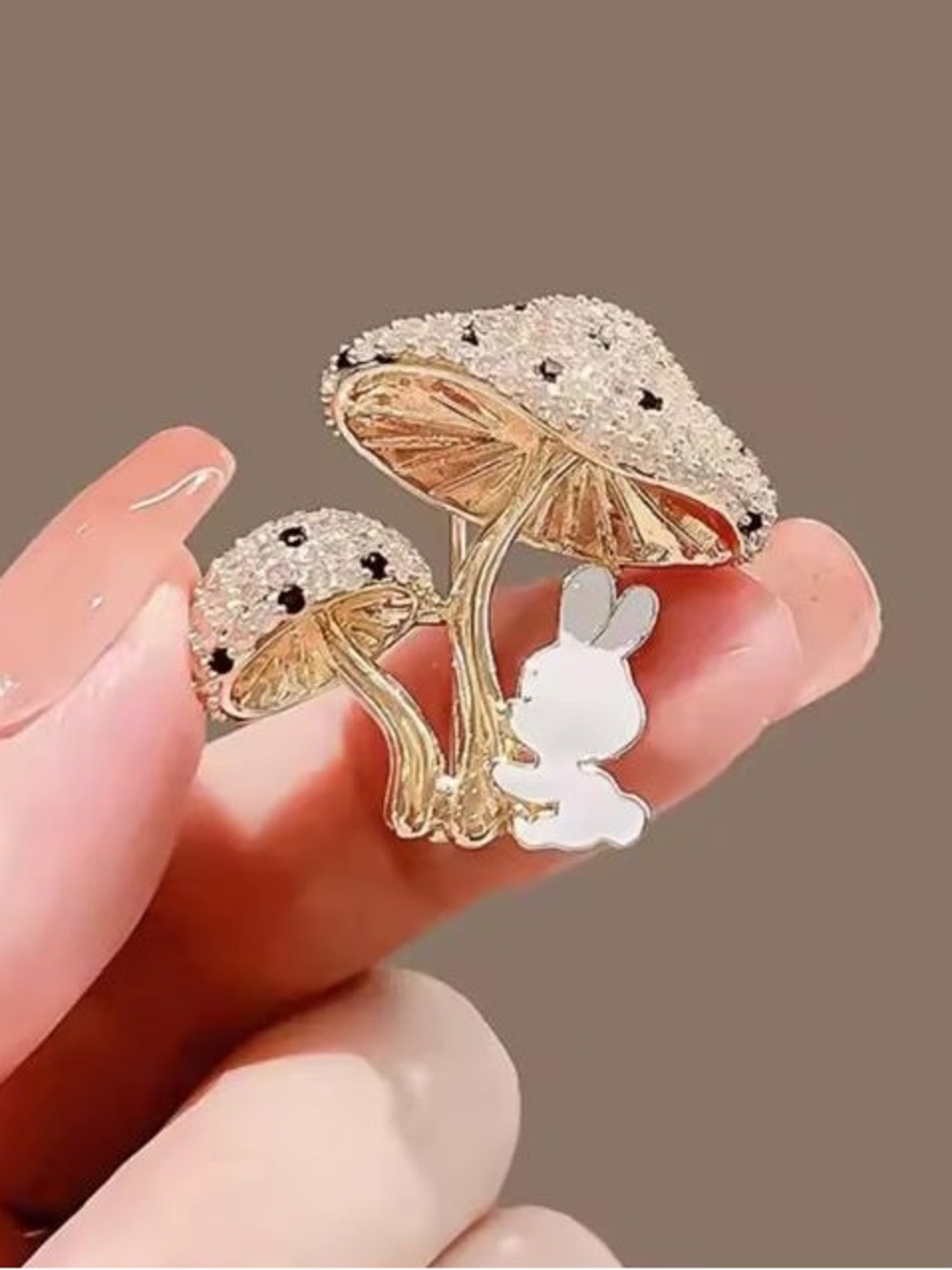 Anthropologie Gold Mushroom and White Bunny Rhinestone Brooch